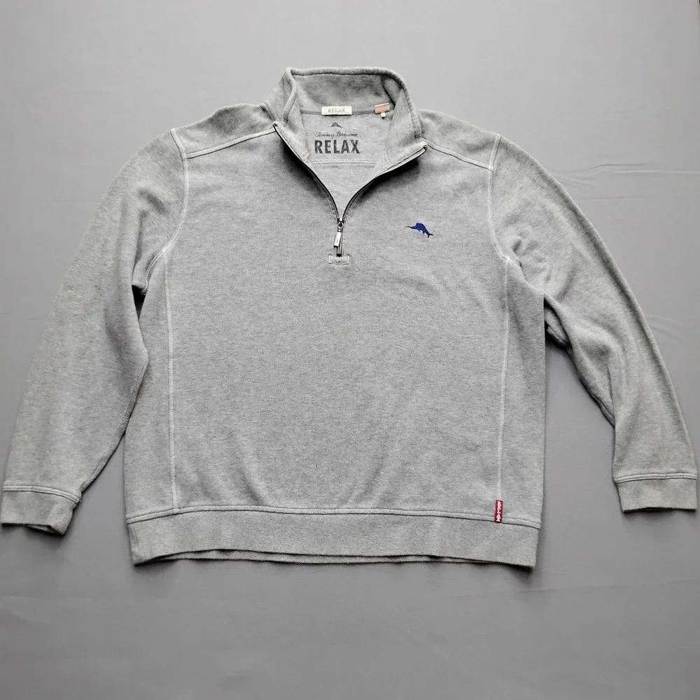 Tommy Bahama Relax Mens XL Grey Quarter Zip Pullover Marlin Logo Sweater